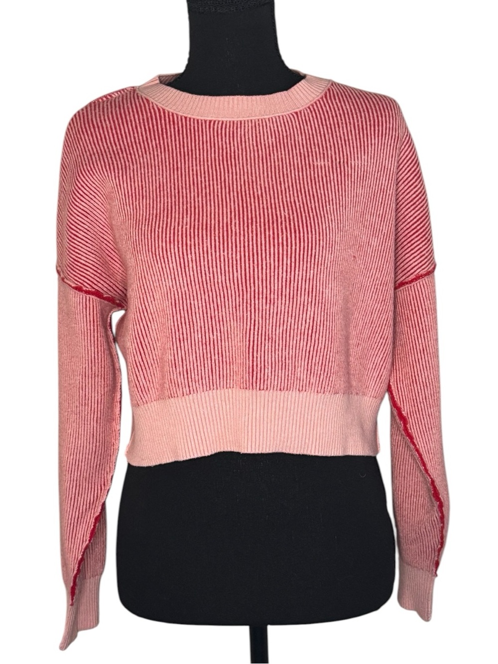 Altar'd State Pink and Red Ribbed Cropped Crewneck Sweater